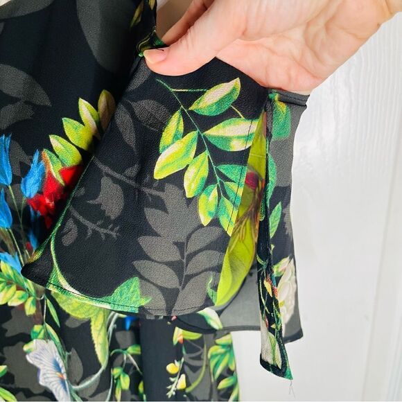 Lulus Oasis Floral We Go Black Tropical Shift Dress Cold Shoulder Split Sleeve S - Picture 9 of 13
